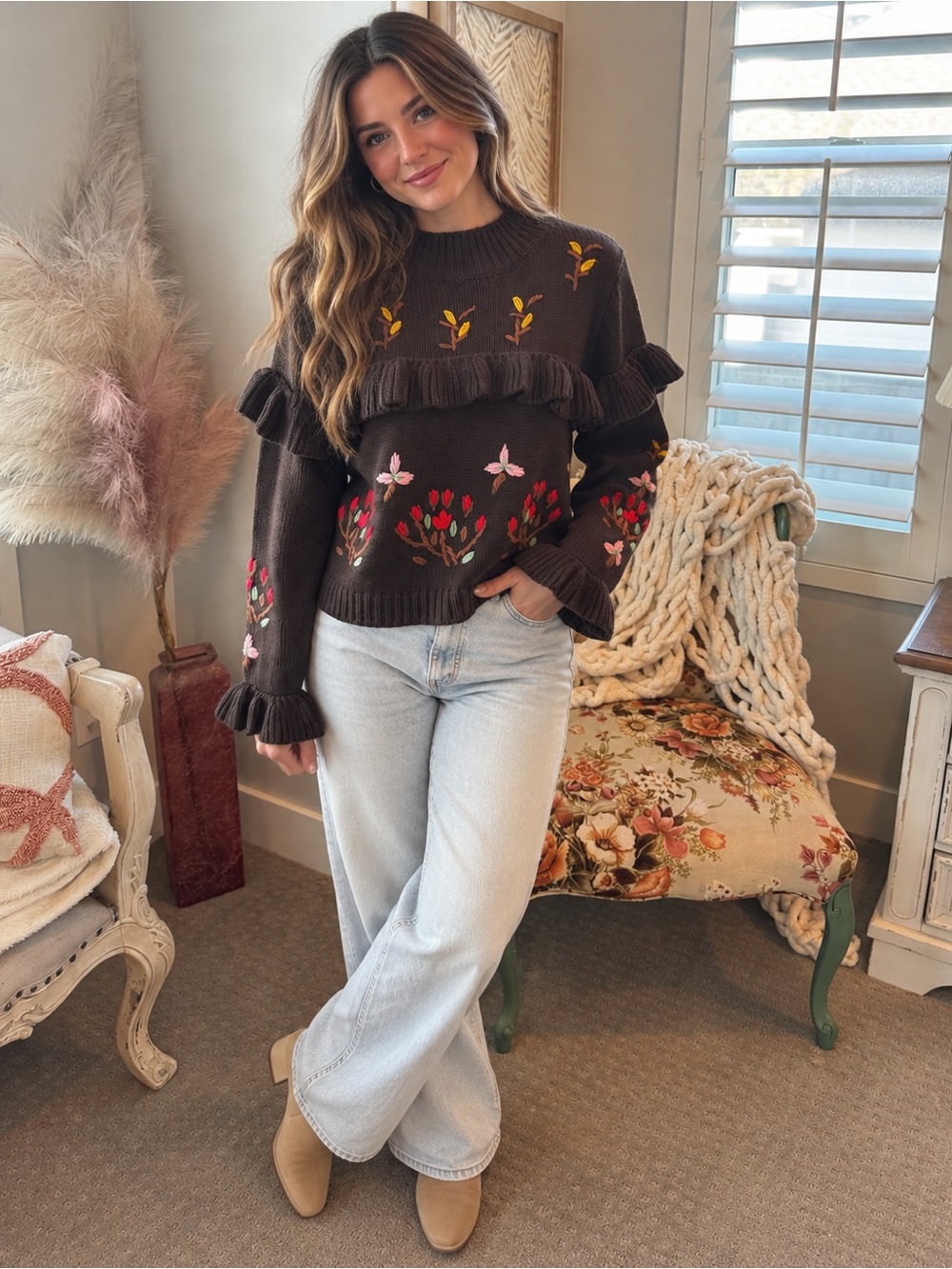 POL Boutique Embroidered Ruffle Sweater Brown Sweater NWT